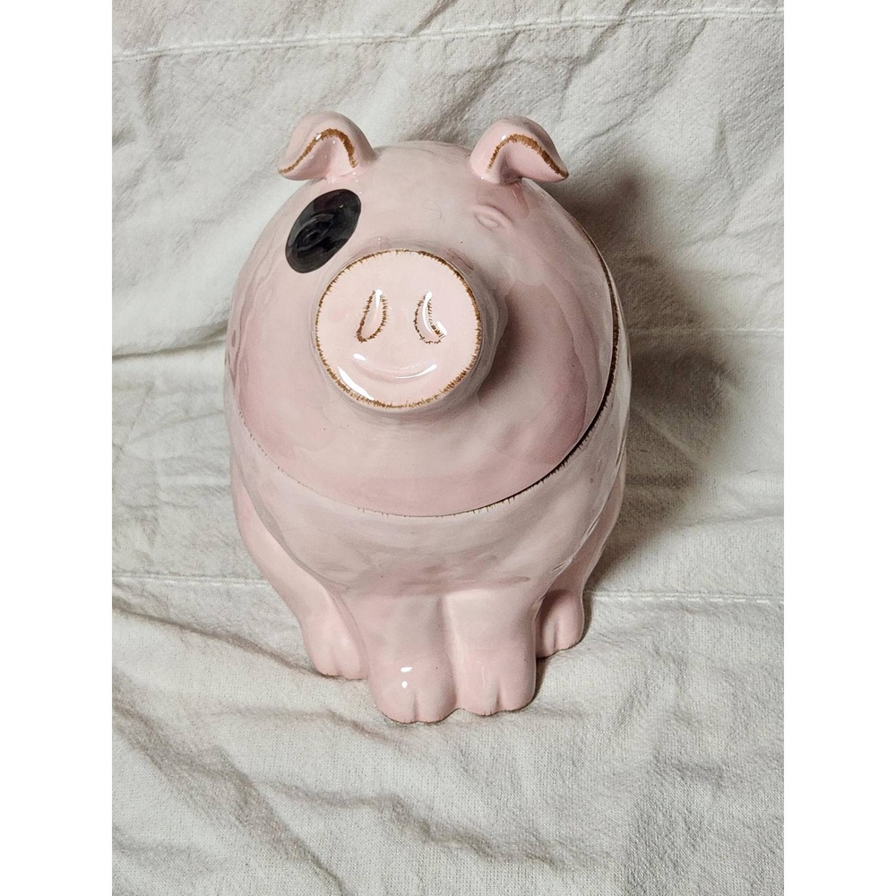 Pink Ceramic Pig Cookie Jar Hand Painted Spotted Farmhouse Kitchen Decor 9.5in